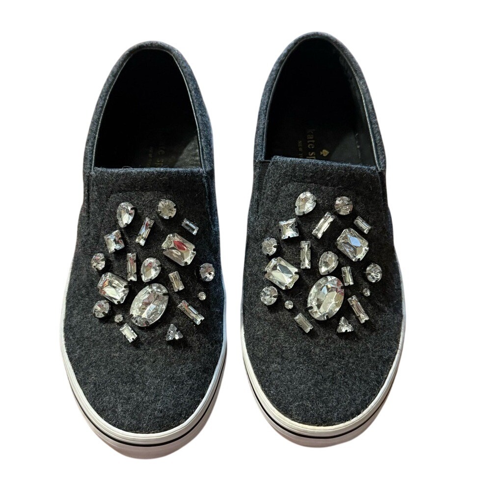 Kate Spade Slater Grey Flannel Crystal Embellished Slip On Sneakers Size 8